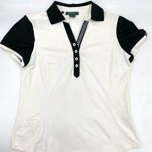 BOBBY JONES  Womans GOLF POLO SHIRT Top SMALL  black And white button up Pocket.